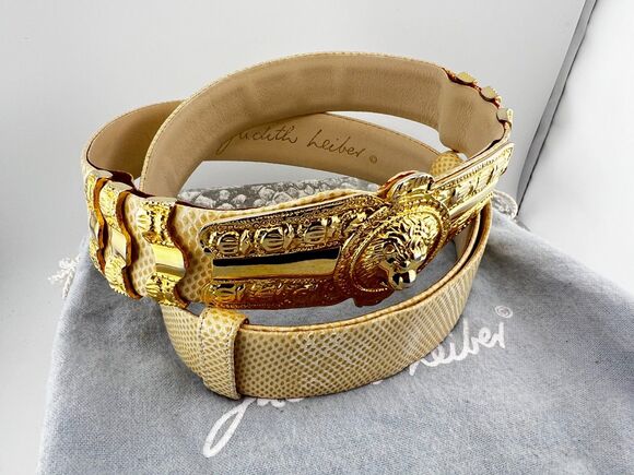 Vtg Judith Leiber Karung Snakeskin Leather Statement Belt Gold Lion Buckle w/Box main image 7
